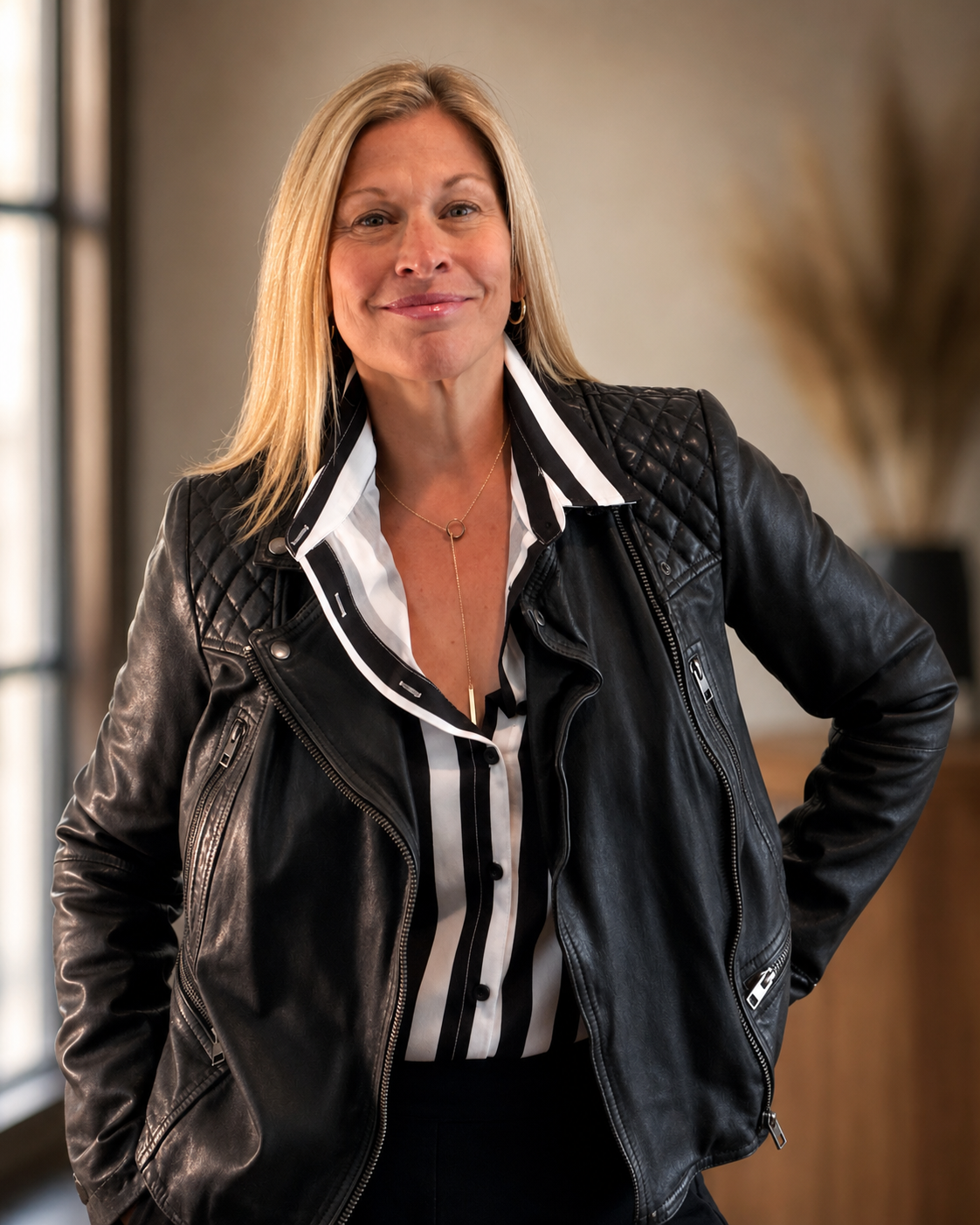 Paige Williams in a black leather jacket
